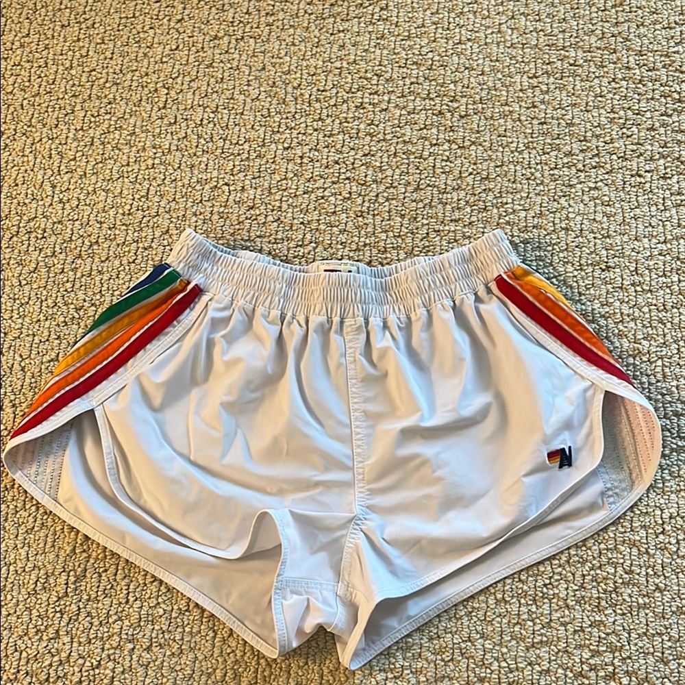 Aviator Nation White Women's Shorts with Rainbow Stripes